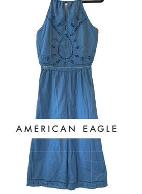American Eagle Blue Eyelet Two-Piece Set Halter Top Wide Leg Crop Pants S